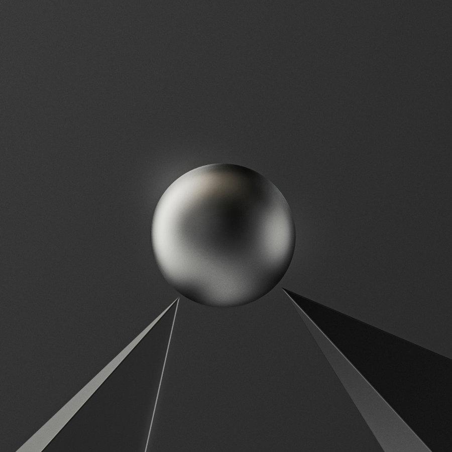 Dark 3d rendering of a sphere between to sharp pyramid-shaped objects