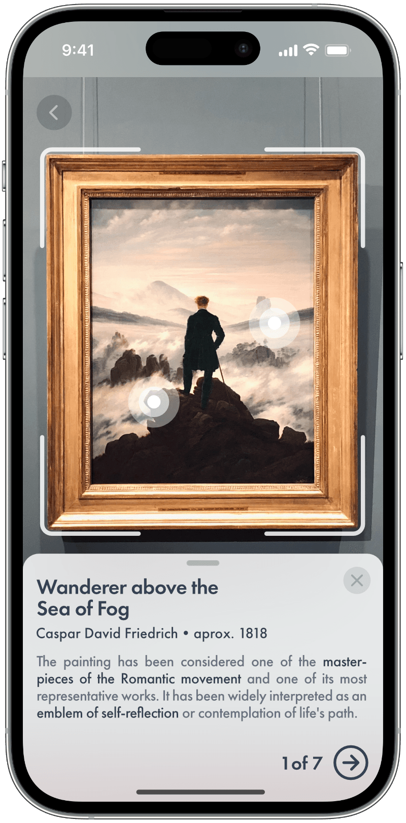 Phone with an AR user interface that shows a the painting 'Wanderer above the Sea of Fog' from Caspar David Friedrich with additional information as overlay on top of it.