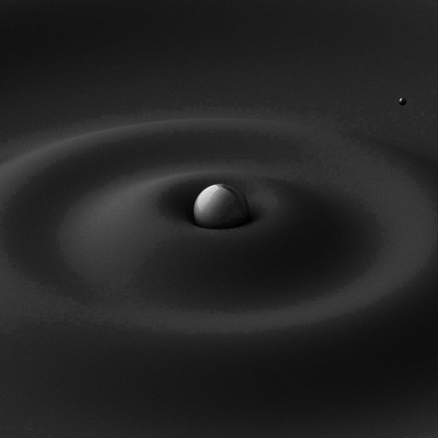 Dark 3d rendering of a sphere making waves on a dark surface