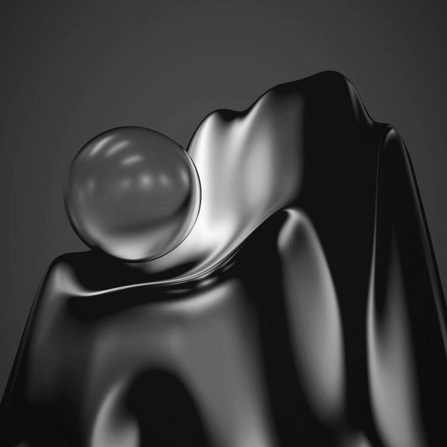 Dark 3d rendering of a sphere floating in front of liquid metal